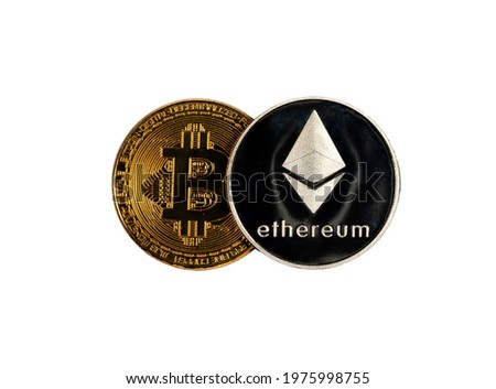 Shining bitcoin BTC gold coin isolated on white background, cut out bit crypto currency.