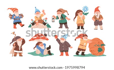 Happy cute little gnomes in autumn. Funny bearded garden dwarfs with lantern, flower, pipe, mushroom and pumpkin. Colored flat vector illustration of fairytale characters isolated on white background. Royalty-Free Stock Photo #1975998794