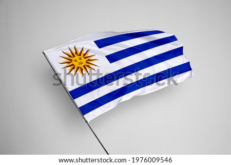 Uruguay flag isolated on white background with clipping path. close up waving flag of Uruguay. flag symbols of Uruguay. Uruguay flag frame with empty space for your text.