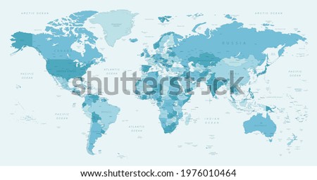 World map. Highly detailed map of the world with detailed borders of all countries, cities, regions and bodies of water in blue tones. illustration