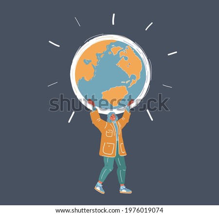 Cartoon vector illustration of woman holding globe in hand on dark background.