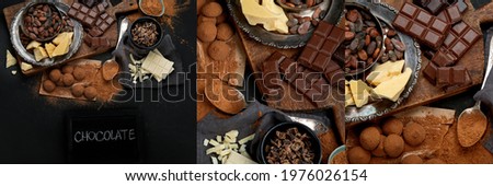 Collage of delicious chocolate bars and pieces. 
