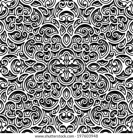 Black and white background, vector swirly ornament, vintage seamless pattern