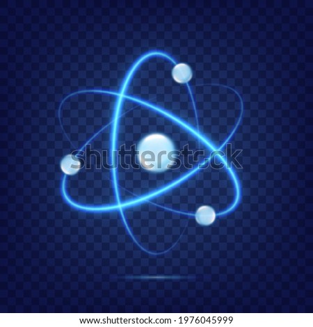 Atom icon isolated on transparent background. Fusion orbit spin. Neon light atomic neutron. Atom blue color. Nuclear atom. 3d cell nucleus. Molecule fusion. Proton core symbol. Ion element. Vector Royalty-Free Stock Photo #1976045999