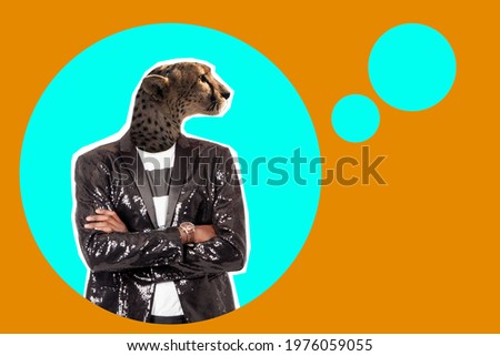 Confident man with a leopard head. Collage on theme of assertive nature of a person. Leopard symbolizes self-confidence. Self-confidence human. Guy in jacket crossed his arms. Character faces.