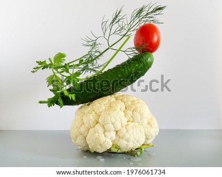 Artistic composition of plants. Abstract balancing structure made of cucumbers, tomatoes, cauliflower and greens. Copy space.