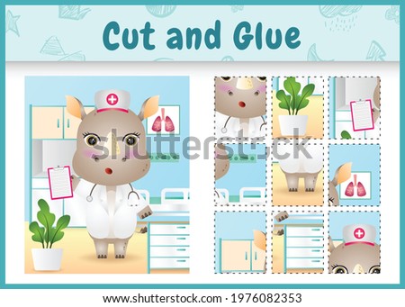 Children board game cut and glue with a cute rhino using costume nurses