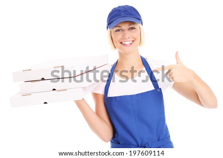 A picture of a happy woman with pizza boxes over white background