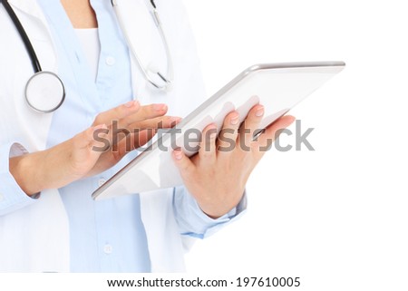 A picture of a doctor holding tablet over white background