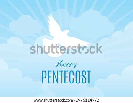 Happy Pentecost vector. Religious heavenly background. Sunny blue sky background with white dove vector. Christian holiday. Important day