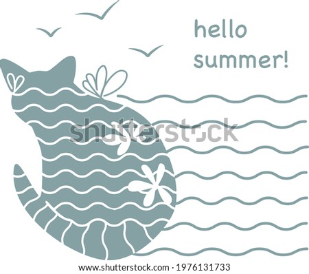 Hello Summer vector illustration. Abstract blue cat and sea  waves	
