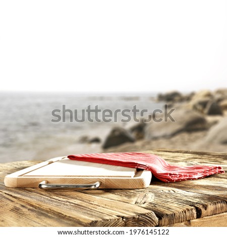 Desk of free space and beach landscape. 