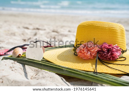 summer composition, sun hat, seashell.