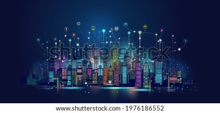 Vector illustration urban architecture technology wireless network communication smart city with skyscraper downtown skyline for design banner technology, Vector illustration futuristic background. Royalty-Free Stock Photo #1976186552