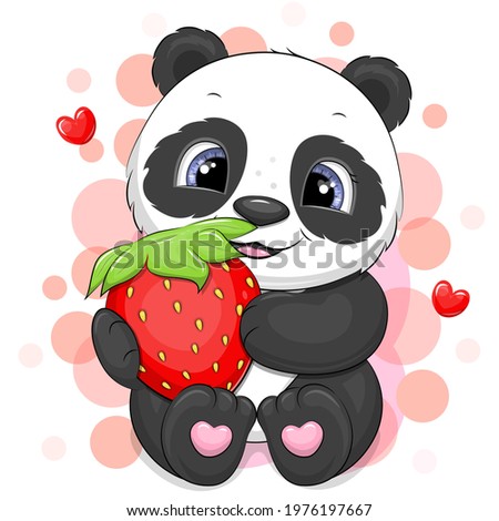 A cute cartoon panda holding a red strawberry. Vector illustration of an animal.