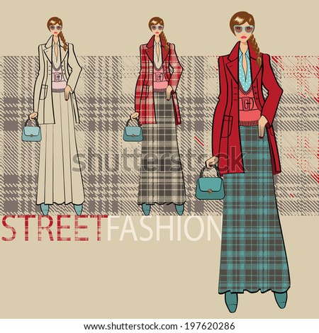 Lovely Fashionable girl in suit long skirt.Options ensemble service. Sketch of model.Vector Fashion illustration. 