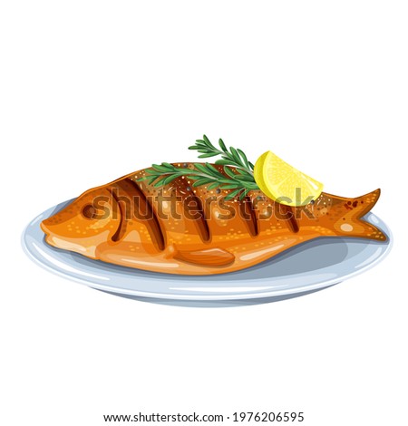 Grilled fish with rosemary and lemon on a plate. Whole roast dorado vector illustration.