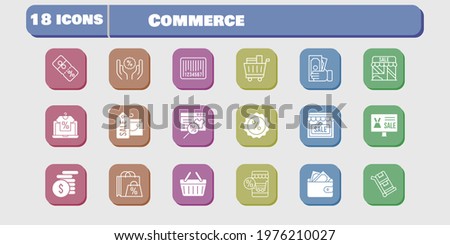 commerce icon set. included online shop, shopping bag, shop, wallet, money, shopping cart, discount, shopping-basket, barcode icons on white background. linear, filled styles.