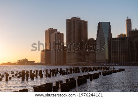 Beautiful Lower Manhattan New York City Skyline at Sunset along the East River