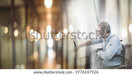 Composition of businessman in wheelchair shaking hands over modern office. global business, disability, success, deal and communication networking concept digitally generated image.