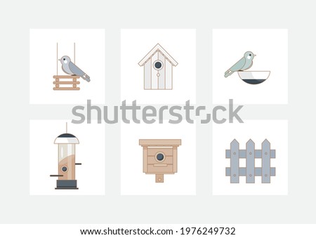 Icons set with  birdhouses, bird feeder and birds.Vector illustration.