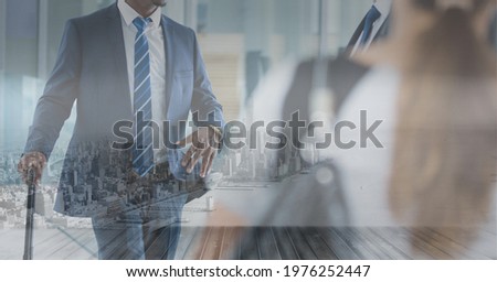 Composition of businessman with suitcase in airport over cityscape. global business travel and finance concept digitally generated image.