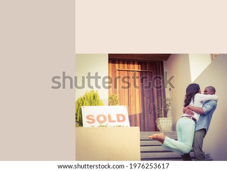 Composition of photograph of sold sign and happy couple by house and copy space on beige background. holiday and summer concept digitally generated image.