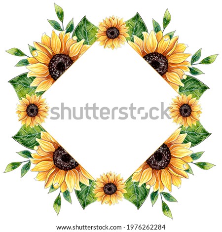 Watercolor Sunflower Floral Frame Design isolated on white background.