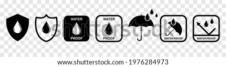 Waterproof sign collection. Water resistant icons for package. Vector elements