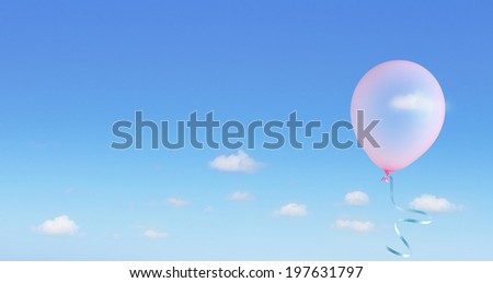Pink balloon with ribbon flying into the sky.