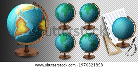 School globe, vector. Vector Realistic 3d Globe of Planet Earth with Map of World Icon Closeup Isolated on White Background. Design Template of School Globe on Table, Model of Earth for Graphics