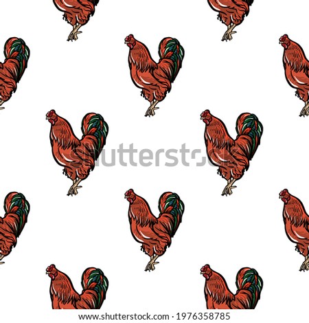 Seamless pattern. A rooster on a white background, not a frequent ornament. Illustration in a realistic style.