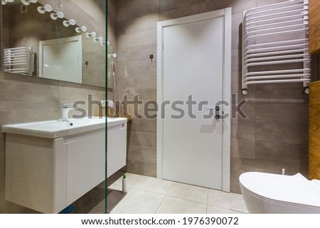 interior photo, bathroom, small with bath and toilet, in white	