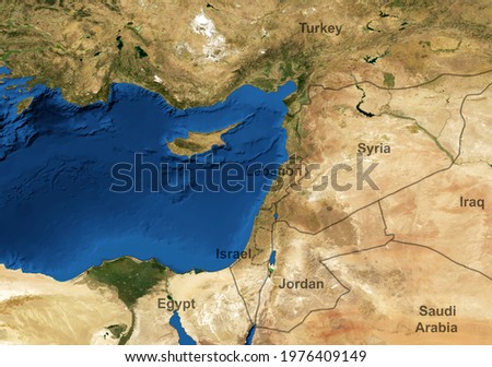 Middle East map in global satellite photo, flat view of Mediterranean from space. Detailed map of Syria, Israel, Lebanon, Egypt and Jordan with countries borders. Elements of image furnished by NASA.