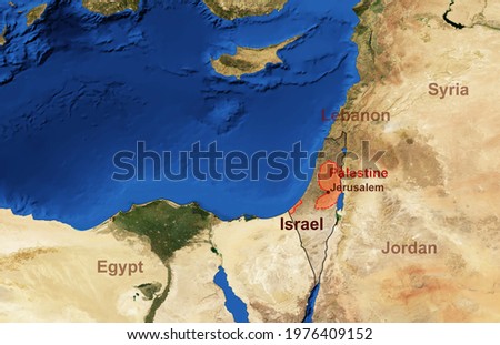 Israel and Palestine map in satellite picture, flat view of conflict territory from space. Detailed Middle East map with terrain texture. Media, photo theme. Elements of this image furnished by NASA.