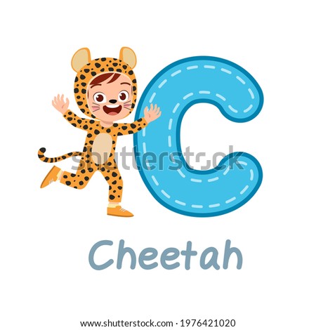 cute little kid wear costume for learn alphabet