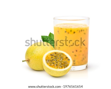 Yellow passion fruit juice with cut in half  isolated on white background.
 Royalty-Free Stock Photo #1976561654