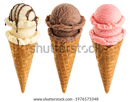 Ice cream scoops in cones with chocolate, vanilla and strawberry isolated on white background. Collection with clipping path.
