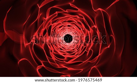 3D rendering of a tunnel formed by a sea of red waves and moving lines similar to a wormhole or teleportation portal with an irregular black hole in the background
