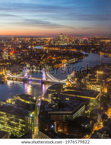 London Skyline at sunrise, showing architecture and a colourful sky