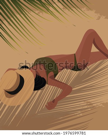 Digital illustration of a girl sunbathing in the tropics on a summer vacation posing for a photo on the beach under a palm tree