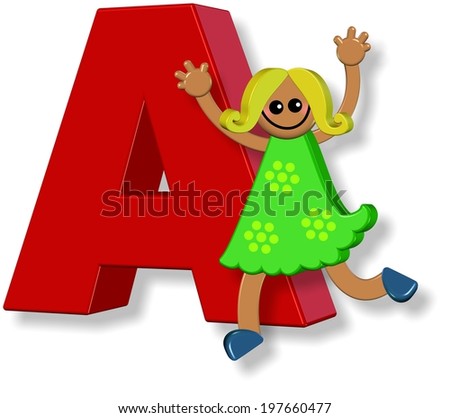 A 3d happy cartoon girl standing next to a giant letter A.