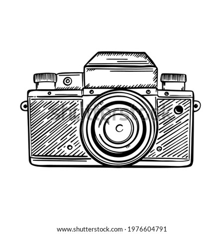 PHOTOCAMERA RETRO Professional Technique Of The Past Century Monochrome Drawing In Sketch Style Clip Art Vector Illustration Set For Print