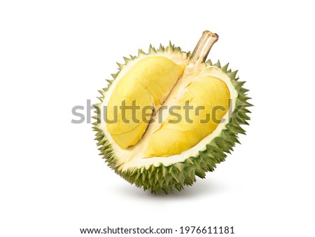 Durian fruit cut in half  isolated on white background. Clipping path. Royalty-Free Stock Photo #1976611181