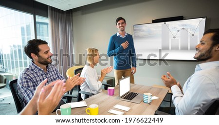 Several colleagues clapping businessman after her presentation of data and analisis at the office. office background. digtallt generated image