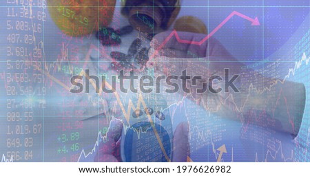 Financial data processing of person using glucometer and pills, economy and healthcare concepts. digitally generated image.