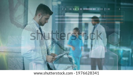 Composition of dna and medical data processing over smiling male doctor using tablet. medicine, digital interface and data processing concept digitally generated image.