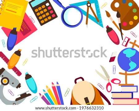 Ad banner Back to school.Sale poster with School Supplies Accessories element.Schooling Stationery tools and place for text on white background.Promotion template.Office stationery.Vector illustration