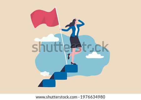 Success female entrepreneur, woman leadership or challenge and achievement concept, success businesswoman on top of career staircase holding winning flag looking for future visionary. Royalty-Free Stock Photo #1976634980