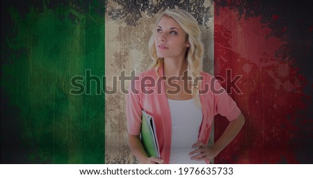 Blonde female student smiling with file over distressed italian flag. global education concept digitally generated image.
